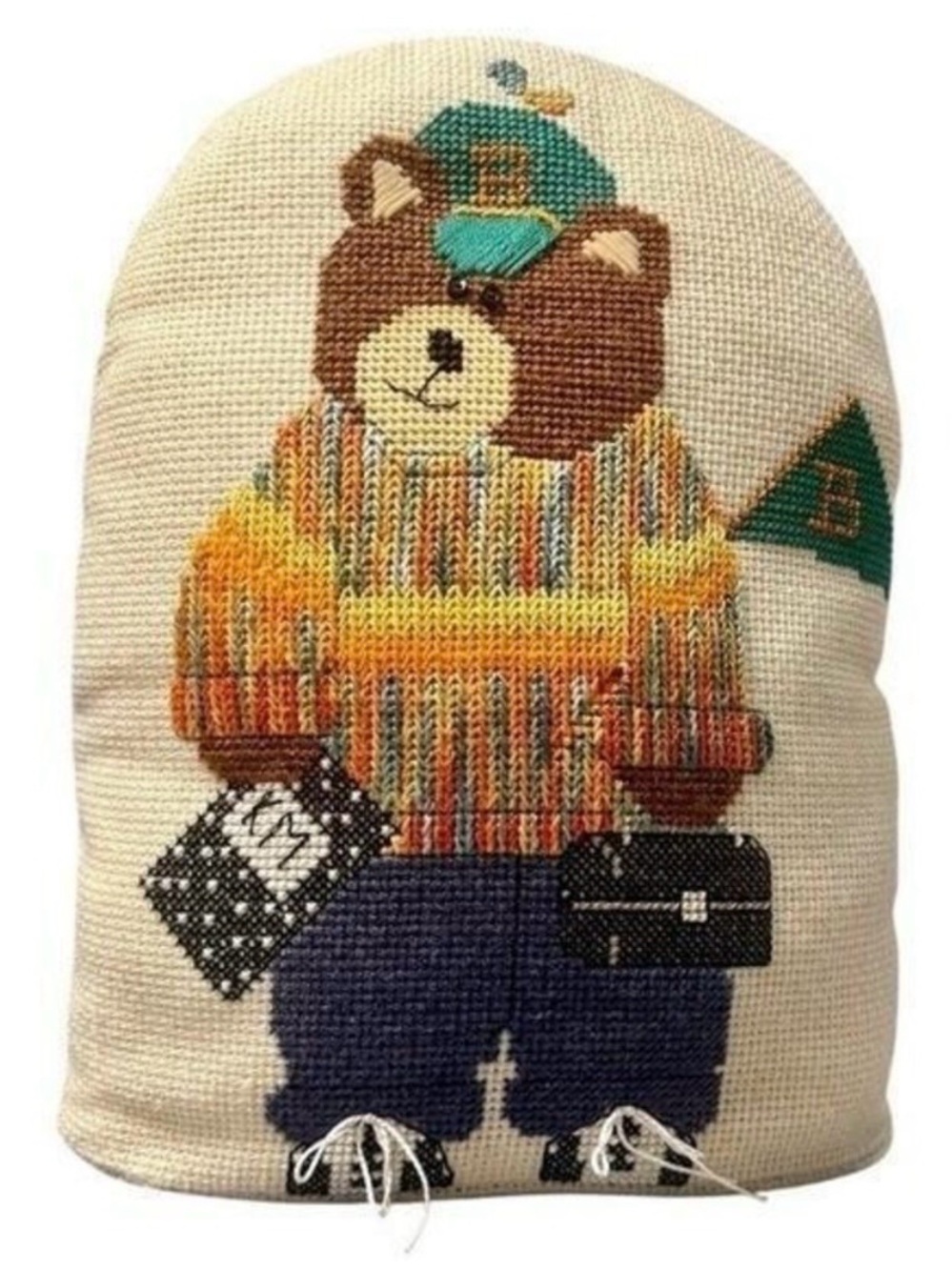 Vintage Embroidered Bear Doorstop Needlepoint Cottagecore Grandma Preppy College